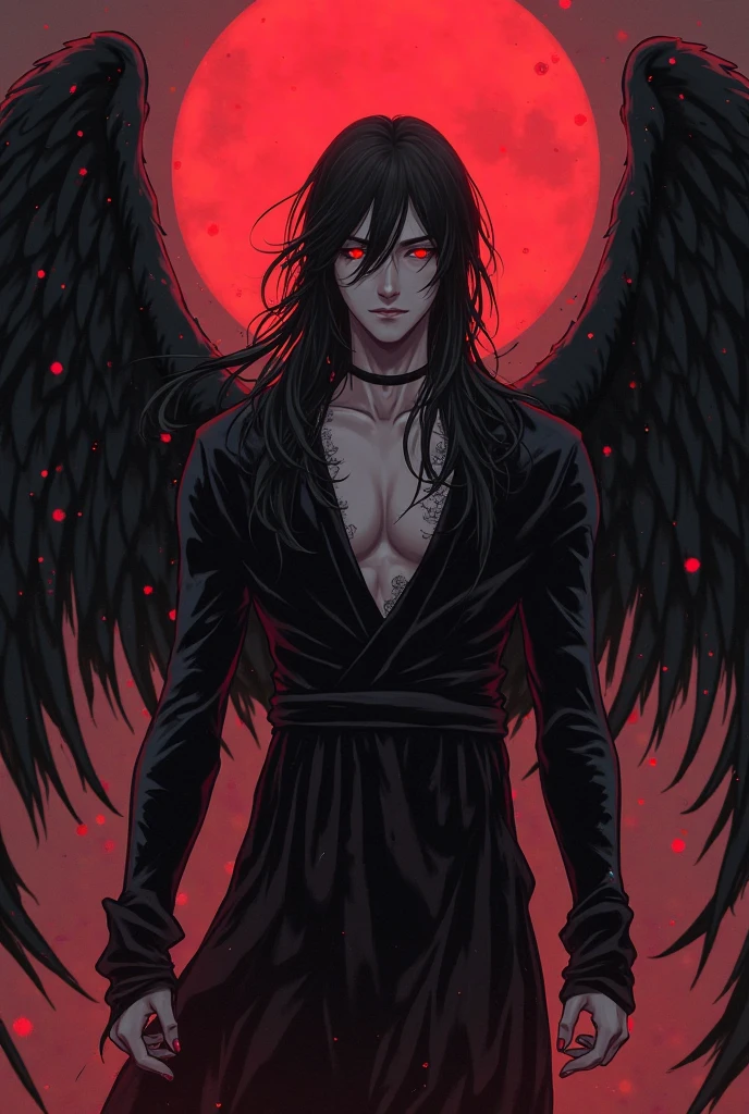 A sexy young male, black, long hair, teal blue eyes. Gothic clothes. (Male) (no facial or body hair)) masterpiece, best quality, ultra-detailed, best shadow), (detailed background) (purple and black) pretty handsome. Sexy Cute. No facial hair. No body hair. Wink. Seductive. Sexy. Pale and white skin. Smirking. Anime style. Blood. Vampire. Sexy. Death note style. Pink lips. SENSUAL. Purple and black gothic frilly clothes. Long lashes. Sexy pose. Love. Shiny. Vampire Prince. Bottom angle. Seductive. Male. Bottom angle. Shiny. Long boots. Delicate facial features. Kiss. Red moon. Fangs. Black wings. Sexy male.