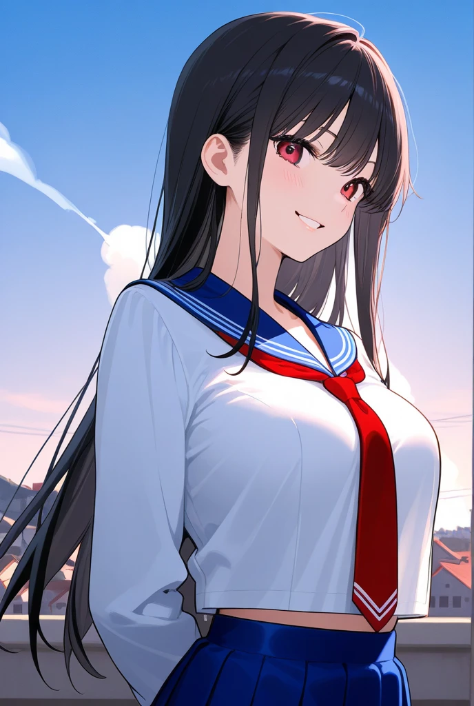 (((masterpiece, highest quality:1.3,absurdres))),cowboy shot,18 year old beauty,solo,((very small head:1.4)),ponytail hair style,long hair,blunt bangs,black hair,glay eyes,A proud smile,blush,medium breasts,((very long body,slender body)),skinny,gleaming skin,shiny skin,   ,(White short sleeve T-shirt, Red Ringer Neck, school gym red buruma)、white sneaker shoes,    ,standing,Holding a Japanese sword in his hand and carrying it on his shoulder、School rooftop、at night、moonlight、