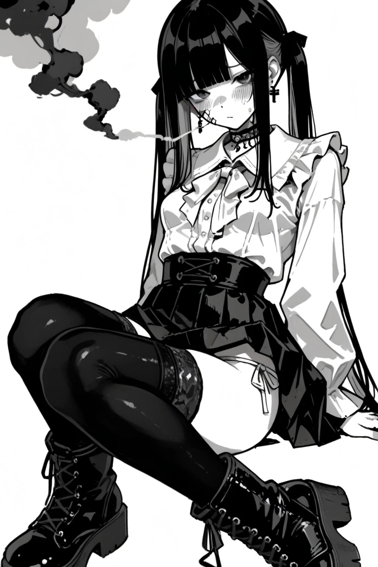 NSFW,(masterpiece:1.4), (Highest quality:1.4),Character portrait,Full Art, rough sketch,Pencil drawing,Very detailed, Complex, Super detailed,Anime girl with cat ears,独奏,Stagnant eyes,Black eyeshadow,Soft white fluff inside the ear,Long straight black hair,Gothic ta,Black and white fashion,A skirt that is longer only at the back,Separate ruffle sleeves,Punk style skirt belt,Accessories of chains on the waist,Punk style chest plate,Gothic Boots,skirt lift,Black frilly micro panties,Stain on pants,pussy juice