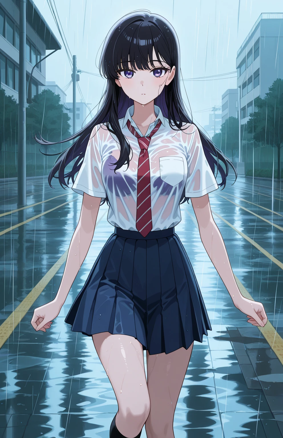 <lora:school_yard_v0.1:1>,
school yard, school uniform, short sleeves, skirt,
field,
<lora:bra_visible_through_clothes_4:1>,
bra visible through clothes,
bra, see-through, wet,
wavy mouth,
(running:1.2), arms on head,
looking afar, looking ahead, looking away,
(masterpiece, best quality, ultra-detailed),
black hair, large breasts,
cute face, kawaii, small face,
(rain),
1girl, solo,