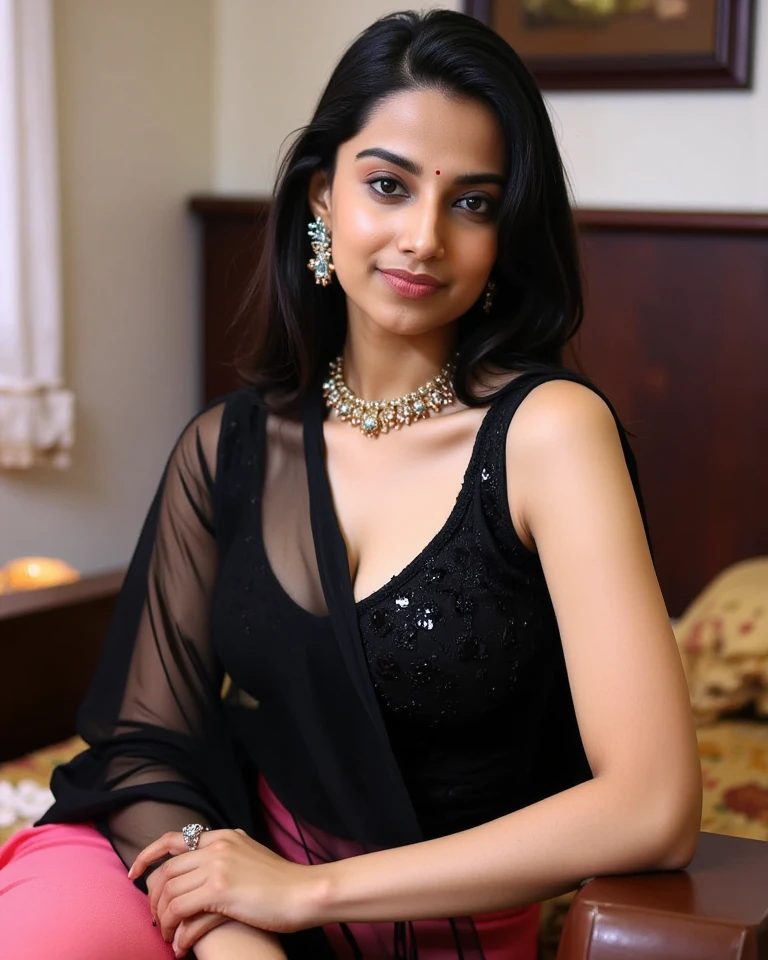 Beautiful indian woman in black and pink saree laying on a sofa, surrounded by pink flowers