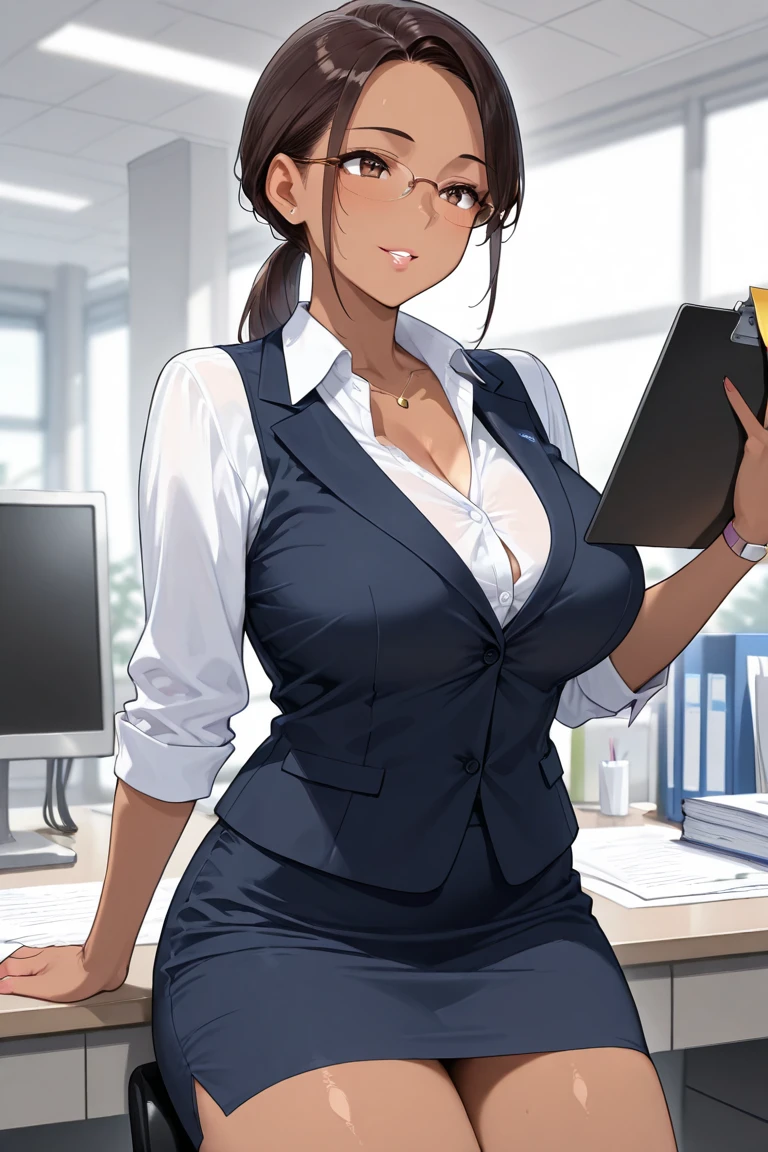 1girl, secretary, office, desk, dark skin woman, confident, glasses, cleavage, red blouse, tight black skirt, fit, hips, lip bite, sitting on desk