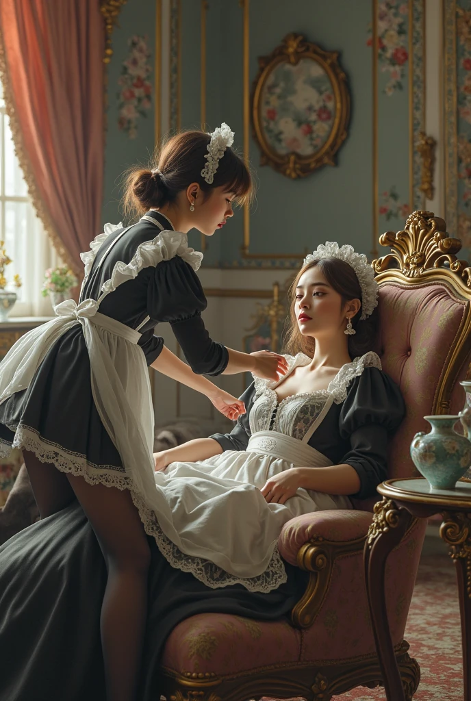 Victorian-era woman sitting at a dressing table applying blush to her cheeks