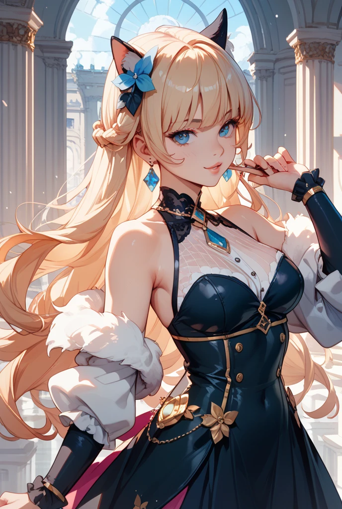 ((highest quality)),(ultra high resolution),(Super detailed),(detailed description),((best CG)),(best work of art),super precision art,amazing drawing art,(Fantasy art with precise details:1.5), (1 girl:1.5),((aristocratic daughter:1.6)),(beautiful and well-shaped face:1.5),(innocent smile:1.5),(deep blue eyes:1.5),(Luxurious backless dress with intricate details:1.6),(Tiara with sparkling gems embedded in it:1.4),(blue roses surrounding her:1.4),Evening gloves with golden embroidery:1.5, (A detailed rose garden:1.4),