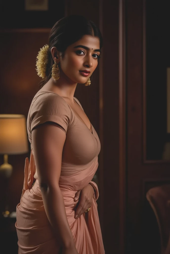 Draped in a resplendent silk saree, the Indian girl stands before a mirror, her attire a canvas of elegance. Her blouse, intricately embroidered, complements the rich hues of her saree. As she adjusts the pleats of her saree, the intricate details of her kundan necklace shimmer in the light, adding a regal aura to her ensemble. Her wrists adorned with a stack of colorful bangles, each one a vibrant stroke against the fabric, and her fingers decorated with ornate rings that glint with every movement. She completes her look with a pair of matching jhumkas, their intricate design echoing the grandeur of her attire. Every detail meticulously chosen, she is a vision of grace and beauty, a testament to the timeless allure of Indian fashion and jewelry.