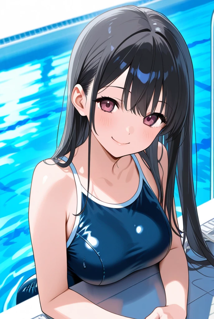Micro Bikini，Parker jacket， (High resolution:1.4), (masutepiece:1.2), (High quality:1.3) 1girl, saten ruiko, green eyes, long hair, black hair, small breast, cinematic lighting, pov, dynamic angle, party pool, smile, open mouth