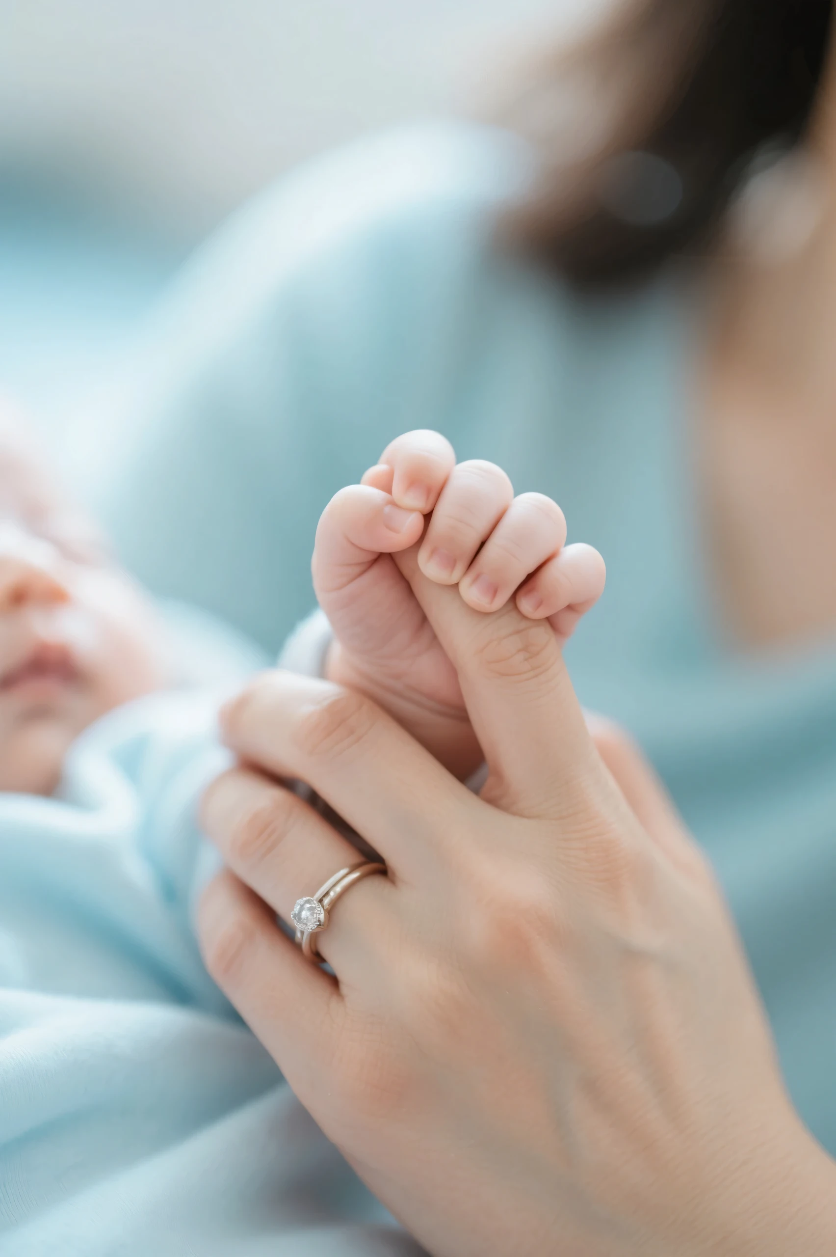 only hands image,A baby's hand gripping its mother's finger,mother's hand with a wedding ring,blurry baby background