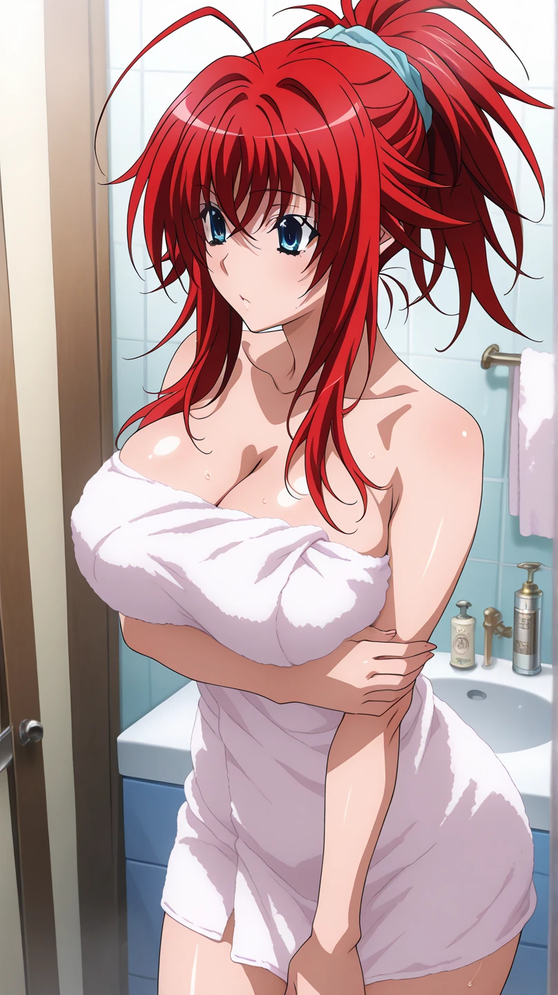 (best quality,4k,8k,highres,masterpiece:1.2), ultra-detailed, (realistic,photorealistic,photo-realistic:1.37), Sweaty woman answering door in a hurry(jenny (pokemon)), beautiful detailed eyes and lips, (excited,frantic:hurriedly), (green ponytail) hair, (caucasian:european) woman with (curvy) physique, nude, huge breasts, cleavage, hard nipples, (shining:wet,glistening) skin, (sunlight through windows:soft natural lighting) illuminating the scene, (steam:rising from the shower), (damp:tiled) bathroom, water droplets splashing, (steam condensing on mirrors:foggy mirrors), (water:showerspray) creating a misty atmosphere, (clean,neat) bathroom, (exhausted,surprised) expression on woman's face, (happy,excited) atmosphere, (busy,noisy) background sound of running water.
