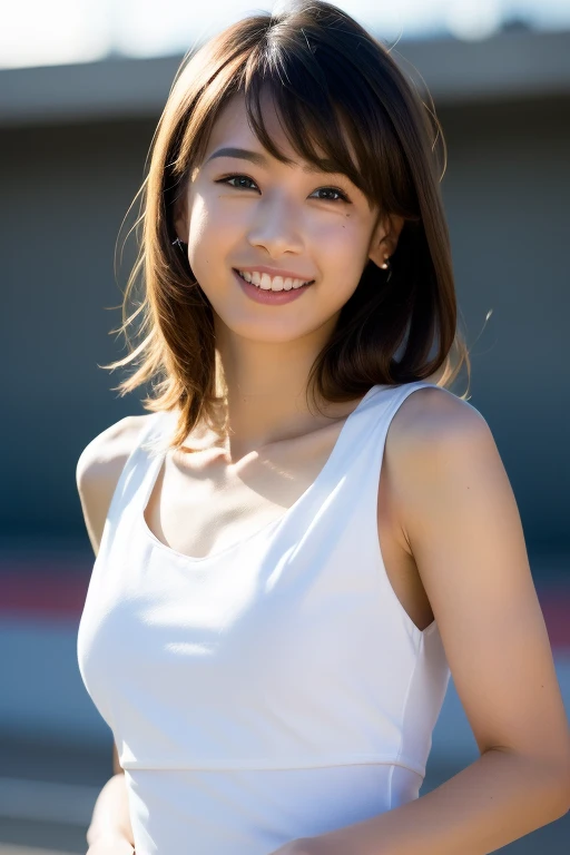 masterpiece, Highest quality:1.1), (8k, RAW Photos, Realistic:1.2, f22), (Glowing Skin), Detailed skin,Long Hair,Detailed face, Detailed eyes, smilee, Real World, Intricate details, smile, One person,mini skirt, Cleavage,from the front ,Adorable 、Full body angle、Boyish ultra-short hair、Sweep your hair back、Volleyball Player