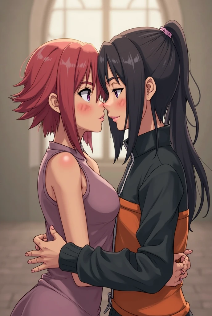 2girls, art by Masashi Kishimoto, sakura haruno and sarada uchiha are inside a storage room, dark room without lights, sakura haruno is wearing a red dress, sarada uchiha is wearing a tank top and unzipped denim, sakura haruno and sara uchiha are kissing each other