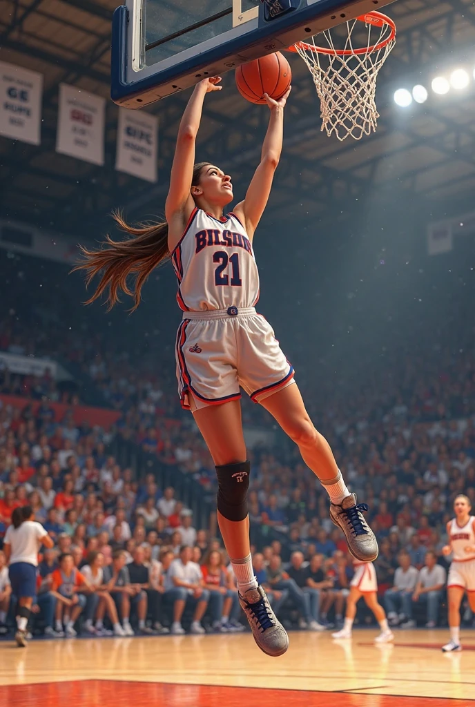 (((best quality))), (((ultra detailed))), (((masterpiece))), illustration, ((1girl,female basketball player,solo)),(slam dunk:1.3),(dunking in the air:1.3), intensity, determined expression, flushed face, perspiration, almond-shaped eyes, mesh jersey, team name and number, form-fitting shorts, athletic build, high-top basketball shoes, indoor basketball gym, well-lit, wooden floor, scoreboard, spectators, stands, action, impact, ball through the hoop, victory, achievement, dedication, skill,(basketball:1.3)