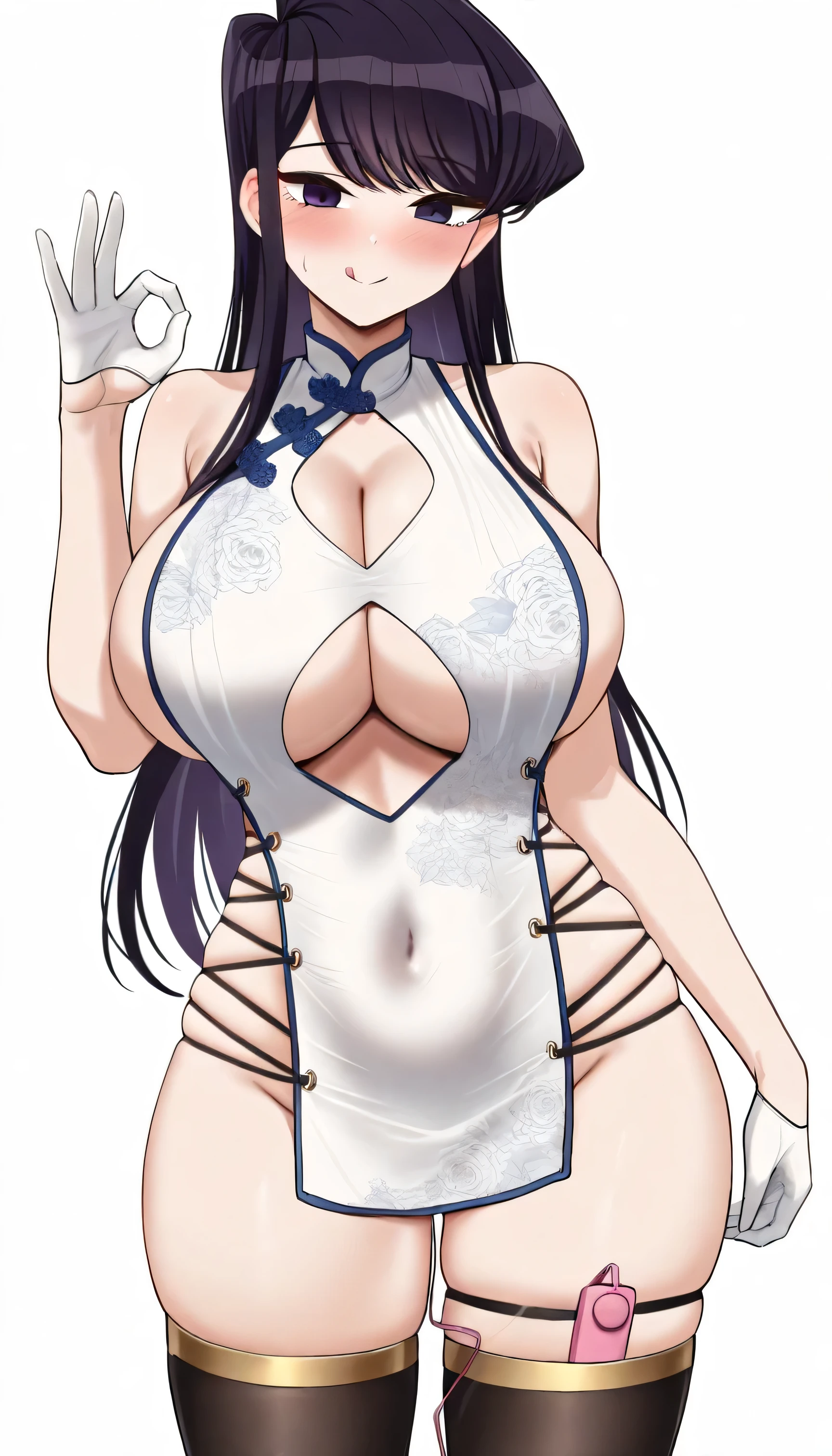 1 girl,solo,nsfw,masterpiece,best quality,white complexion,blushing,uncensored,
Komi Shouko, long hair, bangs, purple hair, purple eyes,
:q, licking_lips,closed_mouth,
white dress,china dress,chinese clothes,
white gloves,half gloves,
floral print,black thighhighs,
clothing cutout,sideless outfit,cleavage cutout,sleeveless,
skindentation,underboob cutout,cleavage,sideboob,
bare shoulders,underboob,covered navel,
no panties,
((huge_breasts)),(two breast),no pubic hair,
standing,fellatio gesture,vibrator under clothes,
looking at viewer,white background,