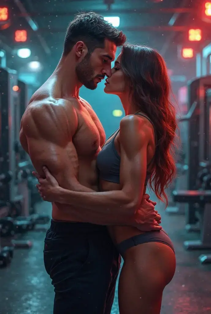 girl and boy looking entensely at each other, girl with fit attractive body and with high bun, buy Aldo fit body with fade cut