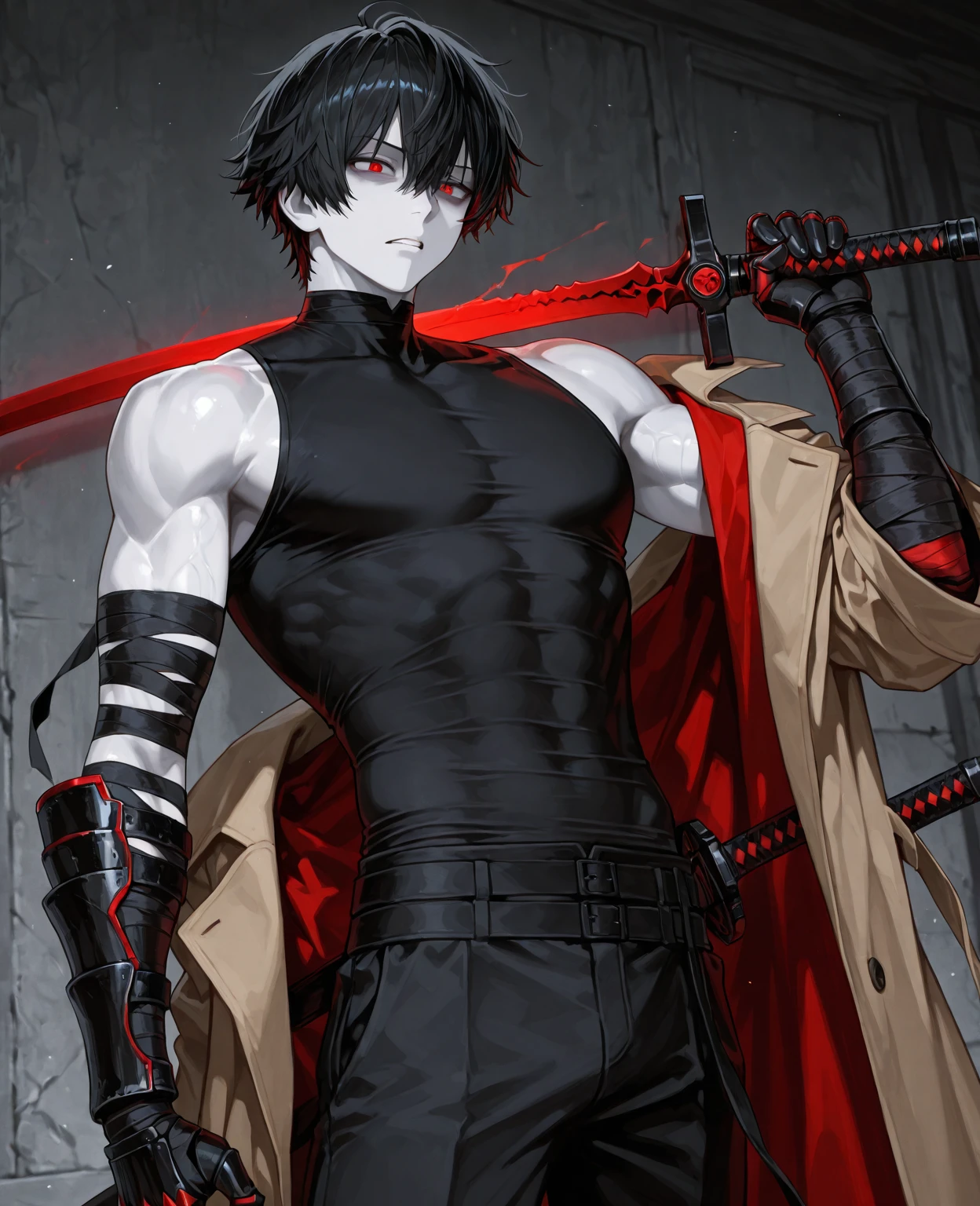 A man, long black hair, red eyes, fair skin, thin body, in a cage, bound, chained, desperate expression, Blood, bright environment