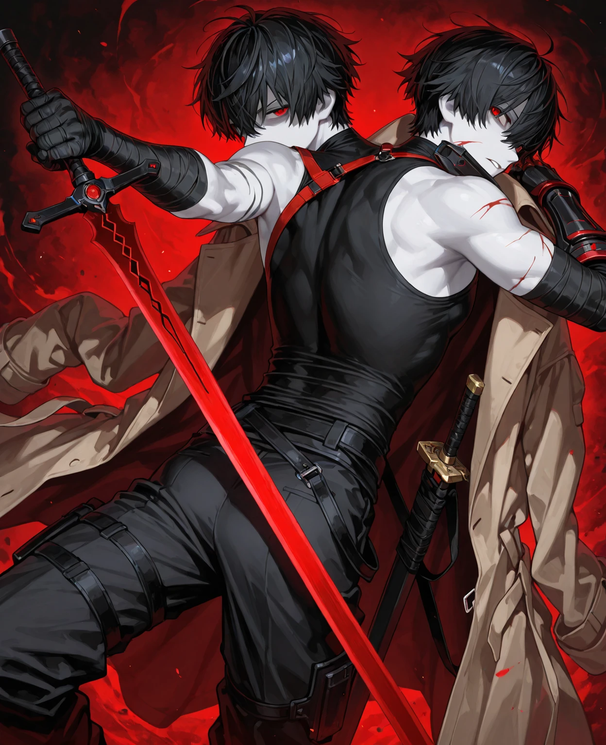 A man in his 20s wearing black clothes and holding a sword, Kiri from reproach!, takato yomamoto. 8K , Renji Murata and Artgerm, Great composition, ikuto yamashita, Masayoshi Sudo and Artgelm, Also, takato yomamoto, Pull the string with your index finger、high resolution、Real Image