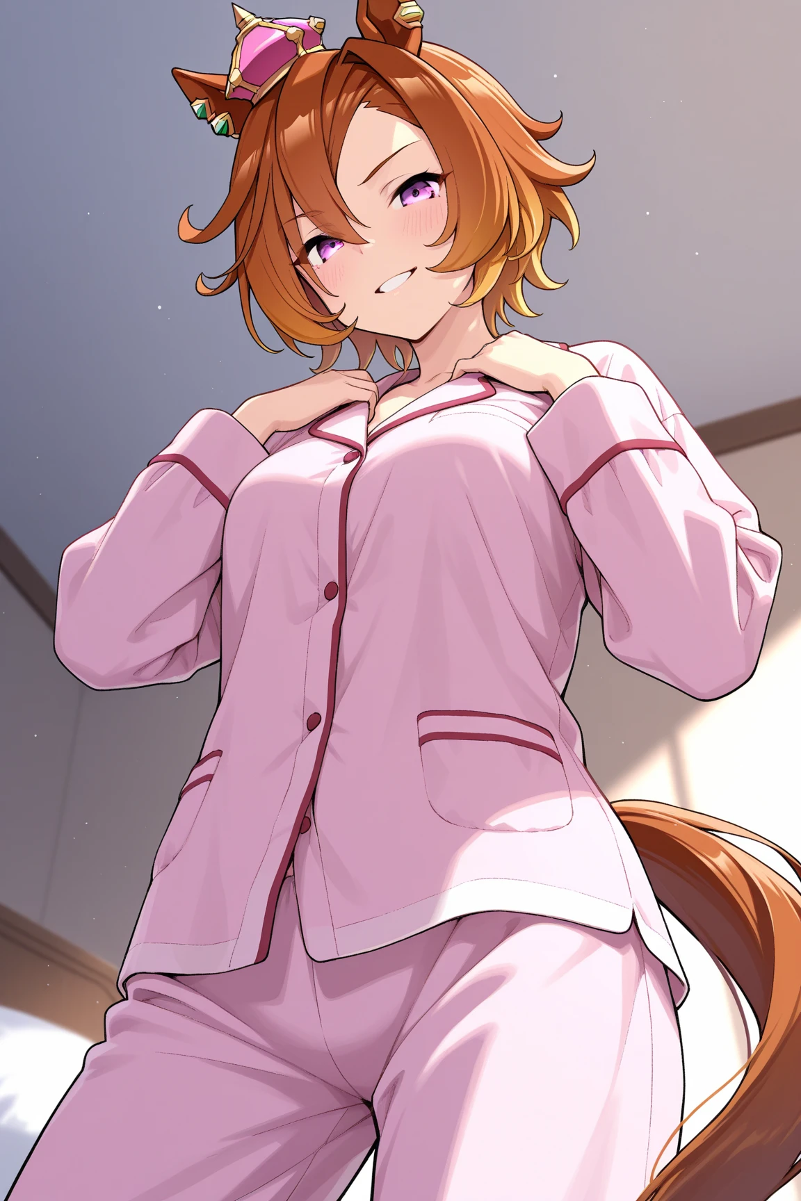 1Girl,solo,daitaku helios(umamusume), umamusume, black hair, ponytail, horse ears, breasts, solo, large breasts, shirt, cleavage, bed, tears, breast hold, naked shirt,blush, pillow, off shoulder, white shirt, looking at viewer, dress shirt, hair ornament, window, indoors, covering privates, bottomless, masterpiece, best quality, very aesthetic, absurdres