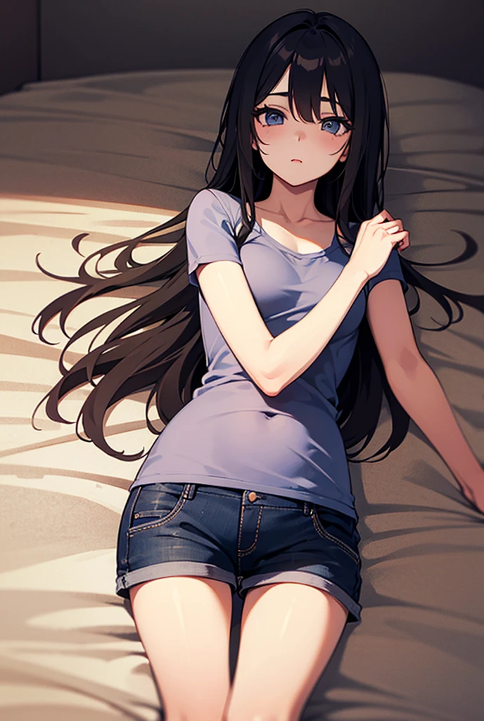 1girl, front body view, denim long jeans, Lying with legs spread out in an m-shape, white shirt, ponytail black hair, blue eyes