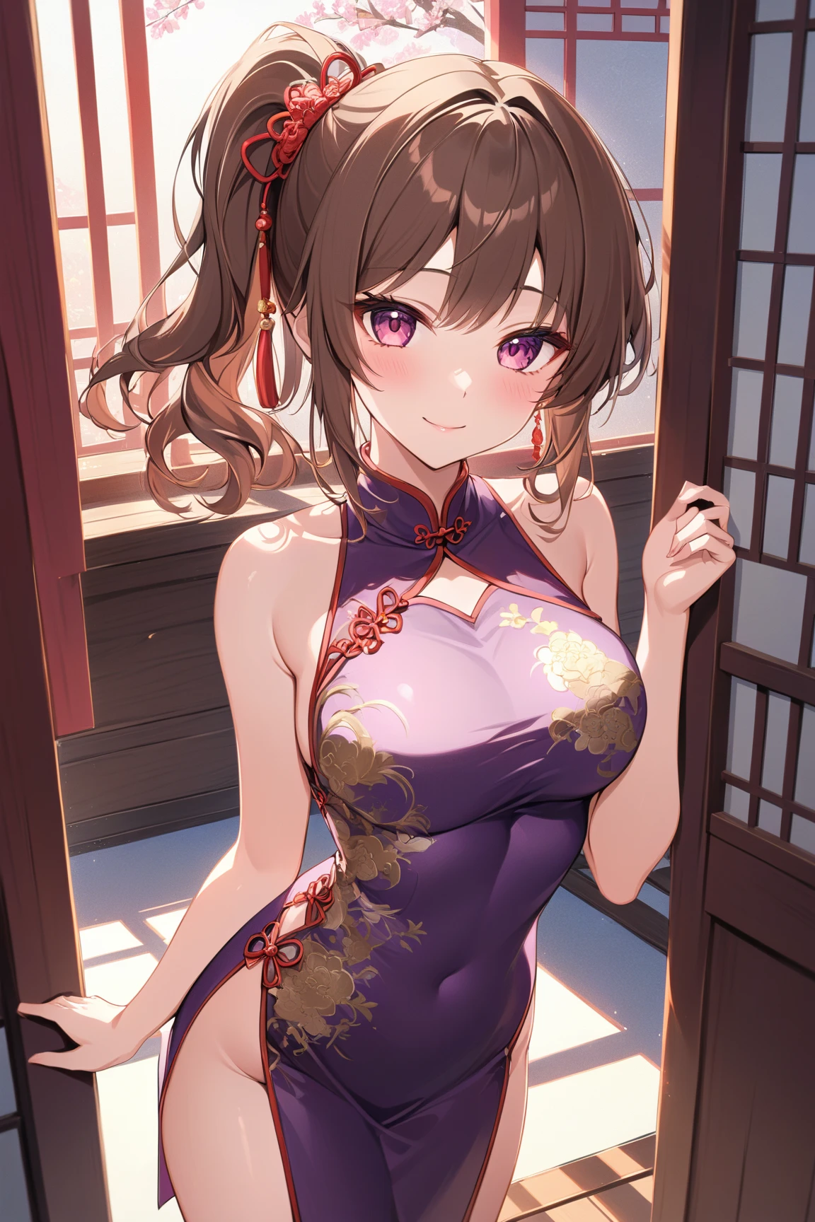 nsfw、Create an illustration of an anthropomorphized sparrow girl at a vibrant, colorful mahjong tournament. She is wearing a cheongsam with traditional Chinese patterns and accessories made from mahjong tiles. Her hair is a gradient of brown and white with highlights of fluorescent pink and green, and her eyes are bright brown with a touch of fluorescent glow. She is posed joyfully celebrating a win, holding a mahjong tile between her fingers. The background features mahjong tables under colorful neon lights and lanterns, creating a lively and energetic atmosphere. Her expression is a beaming, joyous smile, capturing her exuberant personality.Sexy look、Sexy pose、Sexy Costumes、Too much exposed skin、Embarrassed face、Red cheeks、Looking at this、Tribal tattoos are visible、Full body painting、indirect lighting