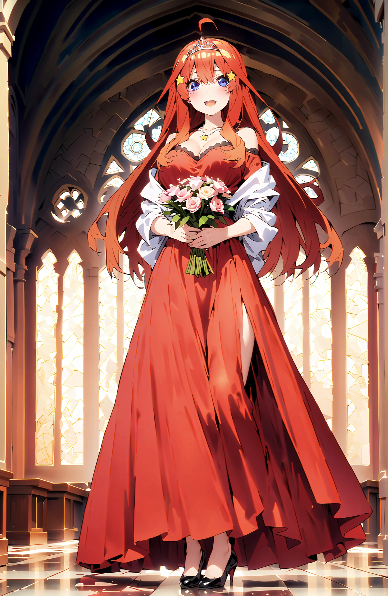 score_9, score_8_up, score_7_up, Nakano Mizuki , solo,bungs, blue eyes, hair between eyes, stupid hair, red hair,long hair,Big Breasts,cleavage,smile,blush,open your mouth,tiara,Holding a red bouquet of flowers with both arms,
red off-the-shoulder dress,bare shoulder,Bare neck,Bare clavicle,Star Necklace,Side Long Slit,pin heels,standing, Flower blowing snow,full bodyがIllustrationsに入るように,
in their 40s indoors,Chapel,church,
in their 40s looking at viewer, full body,
in their 40s (masterpiece:1.2), Highest Quality, high resolution, Unity 8k Wallpaper, (Illustrations:0.8), (beautifully detailed eyes:1.6), very detailed face, perfect lighting, Highly Detailed CG, full body写真,(perfect hand in h, Completed),
