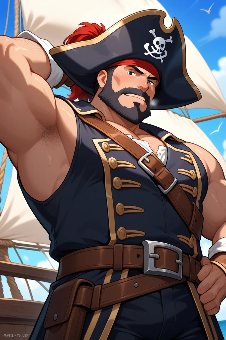 (masterpiece:1.2)、(Best Quality:1.2),(Solo Male:1.5)、40-year-old dad、Muscular men、short-hair、a beard、top-quality,absence、hyper pecs,pirate, pirate uniform, ship,fantasy,