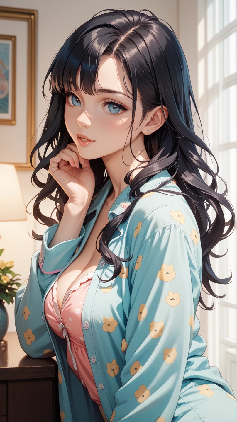 (A photo of upper body), a female fox in forest, mature, chubby, Beautiful face, Highly detailed face and skin texture, (Detailed eyerown eyes, Double eyelids, Thin eyebrows, Glitter eyeliner: 1.2, Natural cheeks, Shiny skin, Fair skin, (((with robe))), (Shiny lips: 1. 4), (none smile), (40 years old), (Wavy hair, Diagonal banglack and blue hair)),long mid hair, ((full body shot)), ((Focus on chest and face)), large breasts, Upturned breasts,