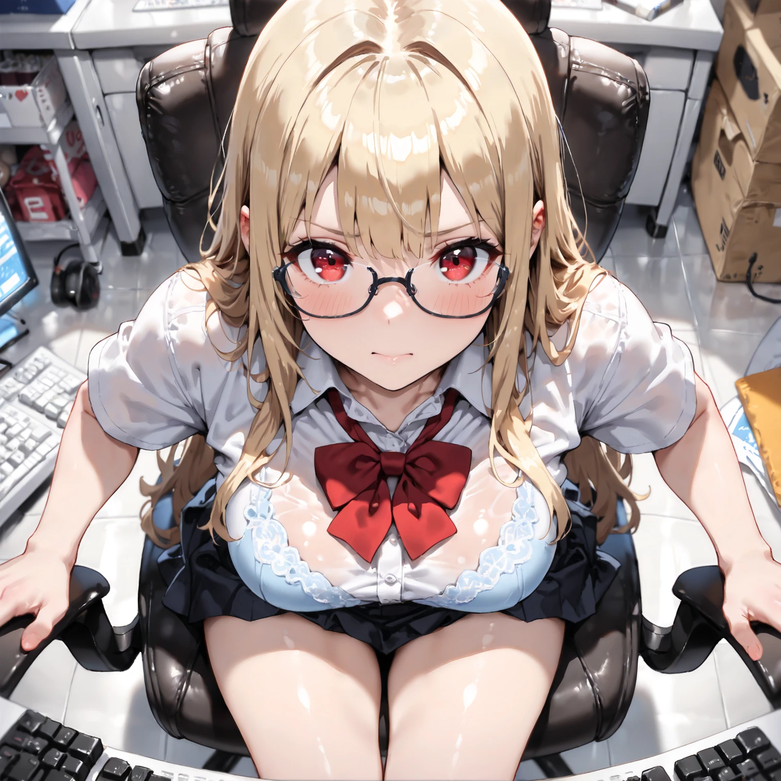 4K photo of a young woman with blonde hair, 17 years old,big breasts, red eyes, Long ponytail hair,Green braid tied in a bow on the left...,, Wear a short-sleeved white shirt with a tie, a short black skirt and stockings.,  Wearing earrings sitting in front of a computer screen....With a slightly smiling face.............
