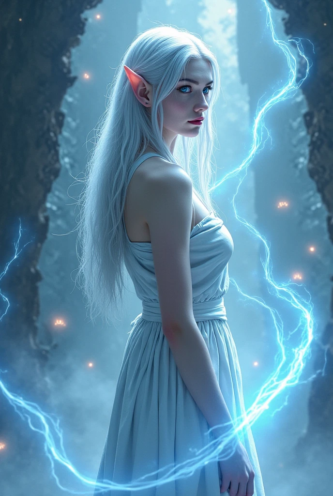 1girll, Sexy drow, Violet blue skin, Light silver slender braid, ((Red eyes)), jewely, ears of elf, Earrings, ((White witch sexy dress)), ((Waving a staff)), ((Cast light magic)), On the roof of the sickle, sport, voluminetric lighting, Best quality, Masterpiece, Realistic, Anatomically correct, (Powerful cinematic lighting), Stunning details, Intricate details, 8K post-production, high resolution, super detailing, trending on artstationh, Sharp focus, Depth of field f/1.8, Studio photos, (((looking at the camera in)))