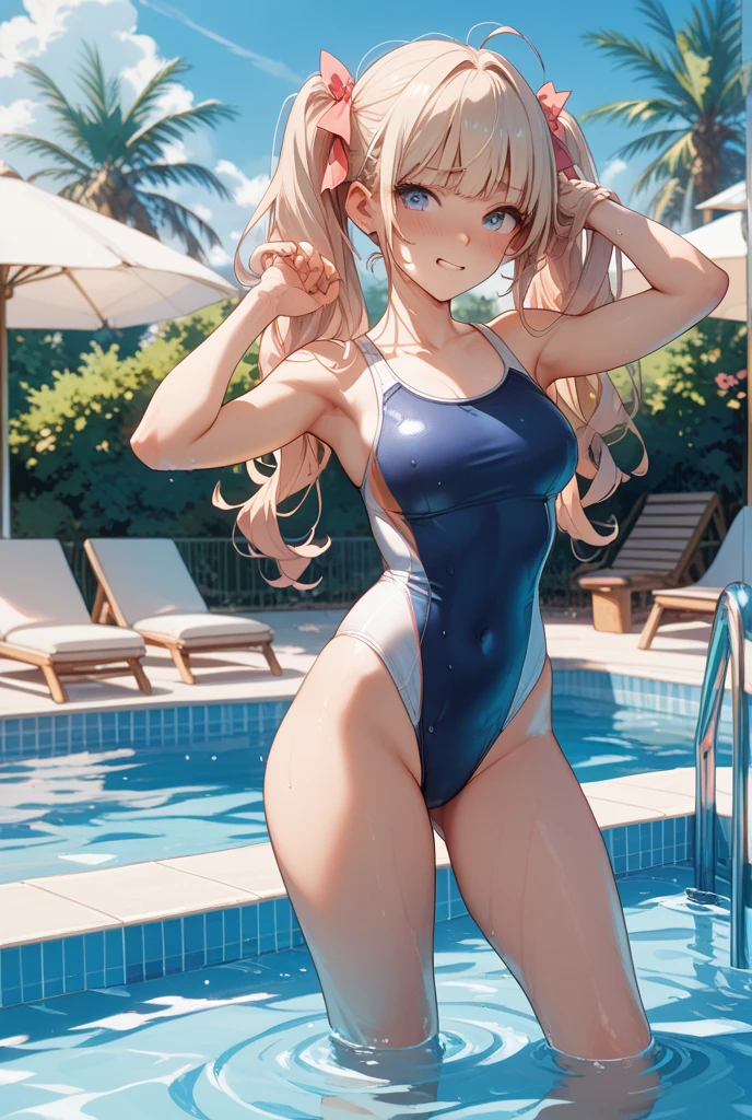 (masterpiece:1.2, Highest quality), 1 Female, alone, School Swimsuit, Pool, Day, sit, blonde, Twin tails, Red eyes, Open Collaboration, Dark Skin, (Open chest:1.1),