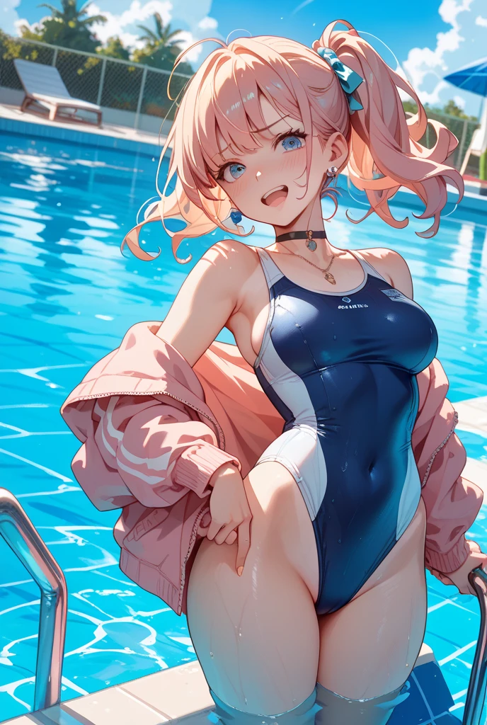 masterpiece、highest quality、Very detailed、Photograph the upper body、1 female、(Put your arms behind your back:1.4)、Are standing、Turn your body forward、View your viewers、(School Swimsuit)、break,blush、shy、Pink Hair、Open your mouth、Pool、Big Breasts、