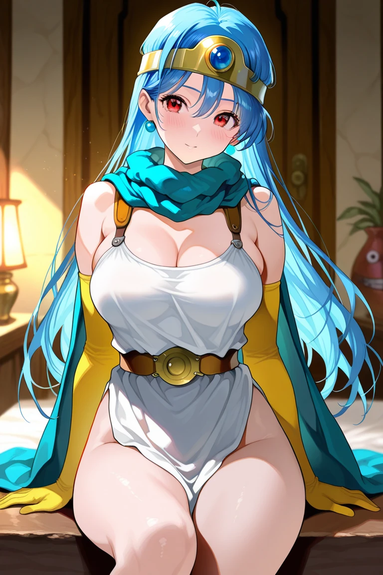 Blue eyes, blue hair,bangs,red hair ribbon, ponytail,
1 girl, 20yo,Young female,Beautiful long legs,Beautiful body,
Beautiful Nose,Beautiful character design, perfect eyes, perfect face,expressive eyes,perfect balance, cleavage,navel,bellybutton
,wearing indian Saree, sits on a table, smiling playfully with a mischievous glint in her eyes. She looks up at the viewer, her arms raised as if she has just finished adjusting her clothes. The light casts a warm glow on her skin, highlighting her toned physique.