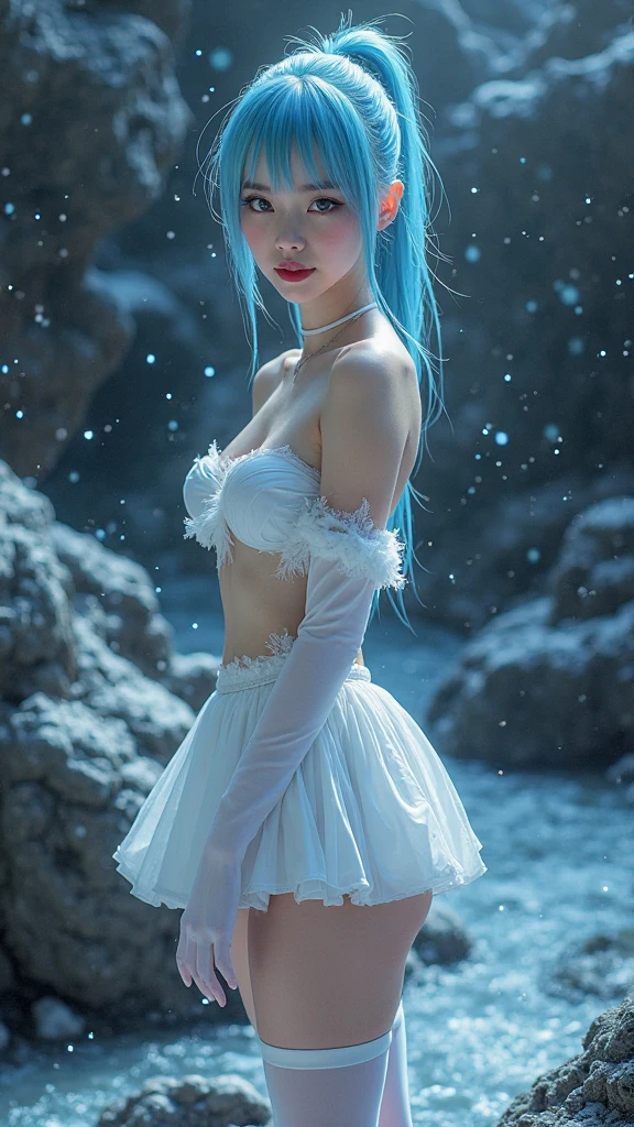See-through open-chested suit、Nipple slip、Leaning forward、Blue Hair、Snow Mountain