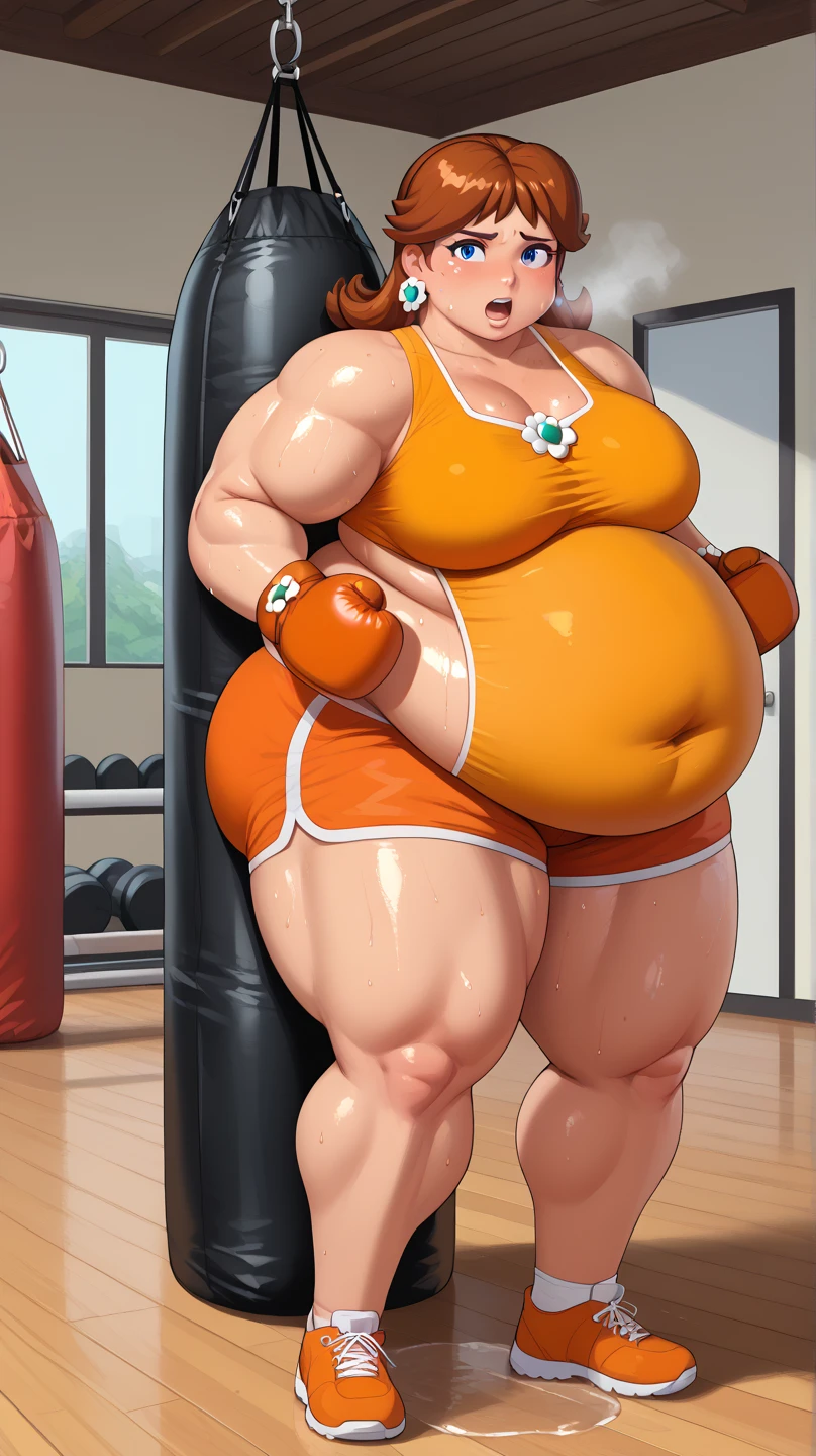 full body photographed、​masterpiece、top-quality、hight resolution、A dark-haired、 Standing、weak、High leg cut monokini,sports bikinis、white sporty boots、distressed face、Sweaty skin、Professional wrestling venues、professional wrestling、（（On the ring of professional wrestling：1.1））、Red face、30-year-old woman,Mature Woman、（（ Standing：1.2））,Big ass,（Saggy breasts:1.2）,huge nipples,well muscle