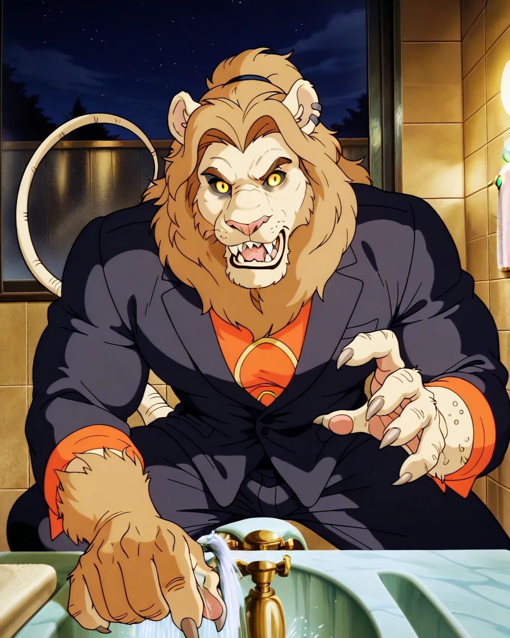 Cornelius has been infected with rat rot while taking a shower.  masterpiece,best quality,amazing quality, absurdres,  1man, solo, ratrot, short hair, brunette, transformation, sharp nails, yellow eyes, warty, hairy, rr_teeth,  rr_pointed_ears, rr_nose, black suit, Best Quality, high quality, Ultra high resolution , Fine Eyes,delicate face, g score_9, score_8_up, score_7_up, score_6_up, dynamic pose,masterpiece,anthro,solo, ((Cornelius, Male, furry, Lion anthro, Medium muscular lion, no mane, brown, light brown lion, feline, brown pony tail hair, lion ears, good anatomy, arms, male anatomy, hands, 5 fingers, perfect hands, 4k (Realistic eye details 1.2), fluffy fur, source anime, best quality, anthro, A muscular lion man with a strong build. He has a well-defined jawline. His fur is brown, pony tail hairstyle, no mane, mature male, anthro, feline, animatronic, good drawn sharp teeth, no blur, claws, ear piercing, white sclera, yellow eyes, long thick rat tail, male, countershade, fur,white sclera,tall male,hairy male,muscular male,close up, Two tons of fur, ( black fur :0.8), Broad shoulders, Eyes glow，Fluffy fur ,night, bathroom background