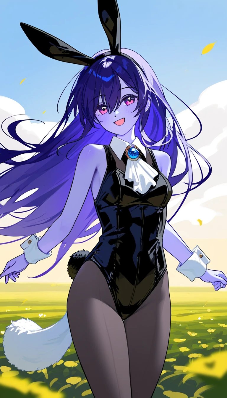long hair, mole under mouth, purple hair, single braid, hair between eyes, cyan eyes, sharp teeth, ahoge, 1girl, blush, smile, playboy bunny outfit, small breasts, stockings, fake bunny ears