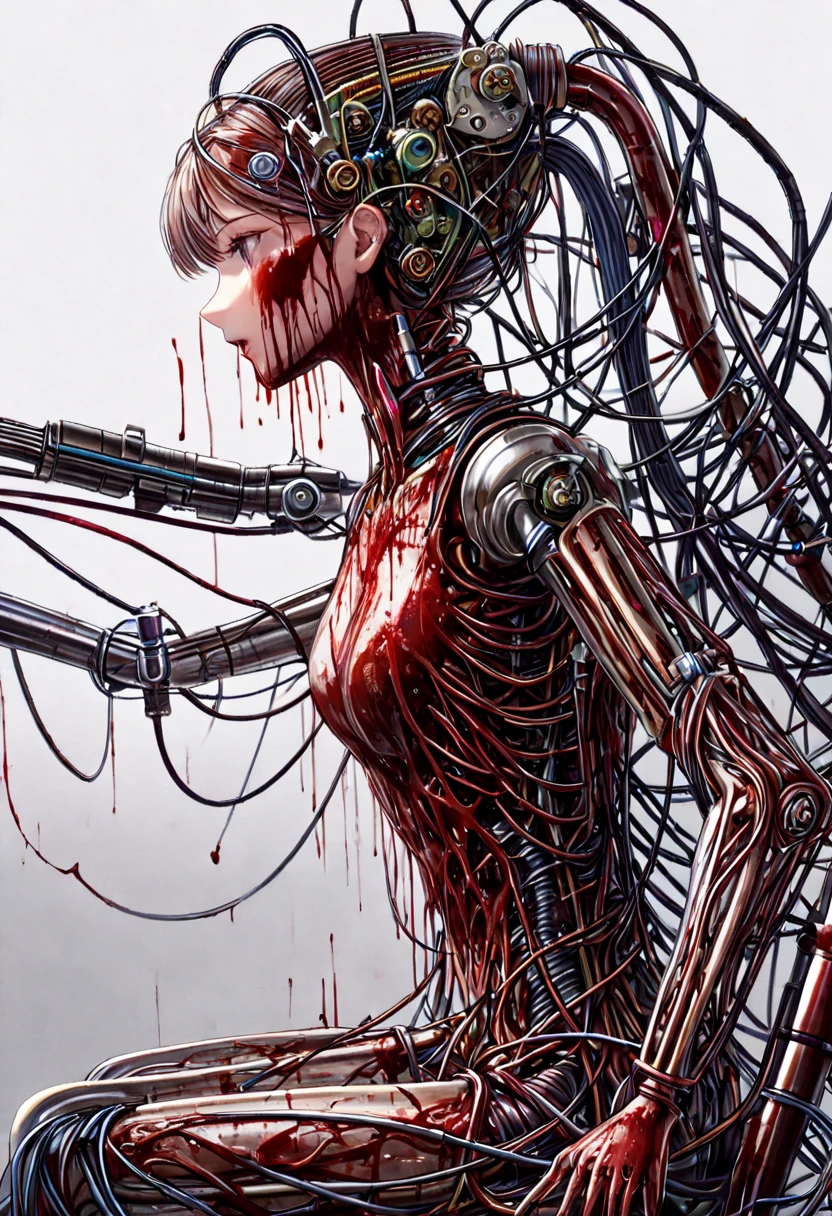 (masterpiece, top quality, best quality, official art, beautiful and aesthetic:1.2), (1girl:1.3), extreme detailed,colorful,highest detailed ((ultra-detailed)), (highly detailed CG illustration), ((an extremely delicate and beautiful)),(from side),cinematic light,((1mechanical girl)),solo,full body,(machine made joints:1.2),((machanical limbs)),(blood vessels connected to tubes),(mechanical vertebra attaching to back),((mechanical cervial attaching to neck)),(sitting),expressionless,(wires and cables attaching to neck:1.2),(wires and cables on head:1.2)(character focus),science fiction,white background,(blood:1.5)