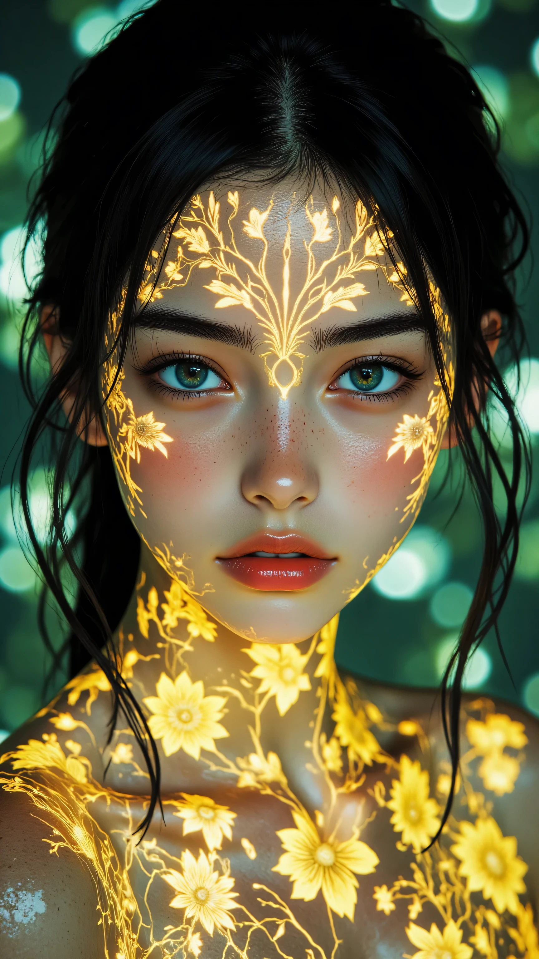 8k, Masterpiece, Top Quality, Eye-level, Medium close-up, woman, dark hair pulled back, striking light blue-green eyes, fair skin, red-orange lips, facing forward, serene expression, Illuminated by intricate glowing floral and tribal patterns covering face, neck, and chest (bioluminescence, glowing tattoos, yellow light), soft focus greenish background with bokeh particles, fantasy theme.