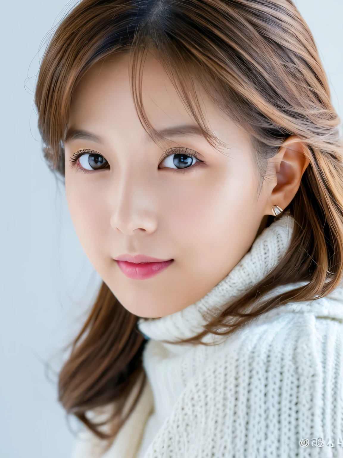 Young Japanese Woman, 30th Generation, White Background, White brown hair, thin, 4K, In 8K, high quality, beauty, Beautiful Eyes, High resolution,1 person, Wearing a knit, Winters, lipstick, Waist shot,