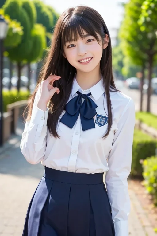 beautiful girl Real cute uniform whole body Use both hands to lift the hem of your skirt up Checked mini skirt White blouse Summer clothes smile clear low length Big Eyes White panties Middle school students high school student