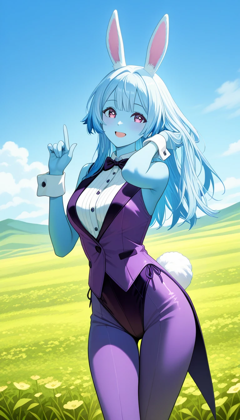 long hair, mole under mouth, purple hair, twin braids, hair between eyes, cyan eyes, open mouth, ahoge, blush, :o, cowboy shot, masterpiece, best quality, absurdres, perfect anatomy, 1girl, solo, large breasts, PekoraOutfit, bunny ears