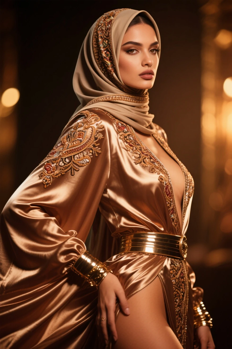 A highly photorealistic image of two Arab women wearing modern and stylish clothing that combines traditional elements with contemporary fashion. Both women have large breasts and are wearing outfits with open necklines. The woman on the left wears a black hijab and a detailed, elegant dress with gold accents. The woman on the right wears a white hijab and a similarly detailed dress with red and gold accents