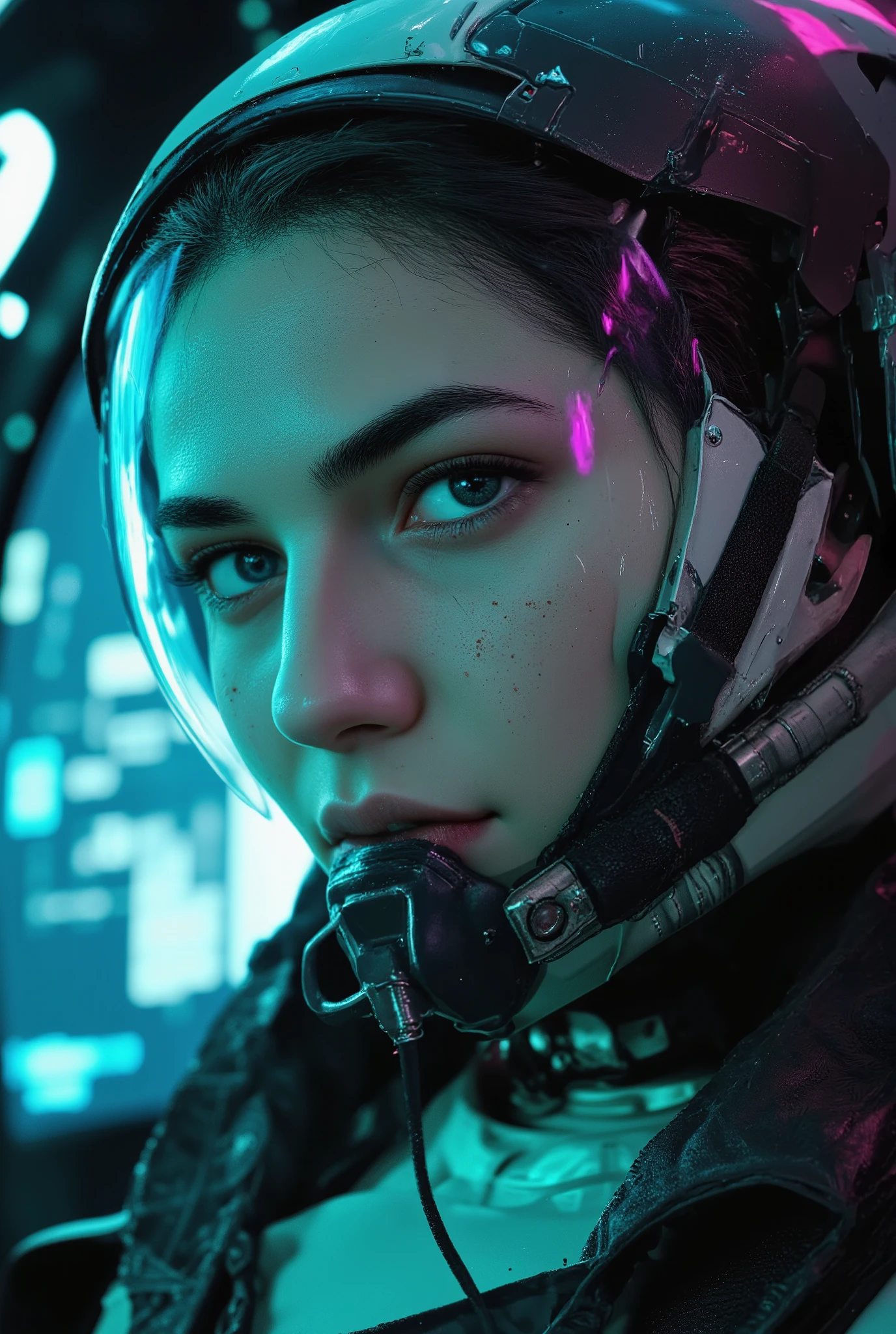 nistyle, manga-style, A hyperrealistic 3D render in intimate close-up of a feminine robot pilot's modest décolletage area, visible through a partially unzipped tactical flight suit in matte black. Her mechanical form features desaturated sections in pale mint, dusty rose, and cream with intricate seam lines and panel transitions creating subtle feminine curves. She sits in the cockpit of an advanced fighter jet, surrounded by glowing holographic displays and control panels casting muted cyan and magenta reflections. The contrast between her rugged military-grade flight suit with oxygen mask connections, g-suit straps, and tactical webbing against her delicate mechanical components in washed-out colors - faded blue hydraulic pistons, weathered panels, and matte joints - creates a striking juxtaposition. Digital glitch artifacts tear across portions of the image, creating data corruption effects and scan lines. Heavy film grain and noise texture overlay the entire composition. The image has a documentary-style realism with imperfect exposure, chromatic aberration, and subtle VHS tracking errors. Raw and unpolished, like security camera footage or military documentation.