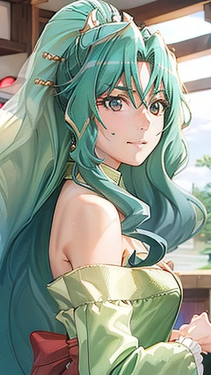 Masterpiece, Ultra HD, Ultra HD 8K, (((One woman))), Mysterious and fantastic image, Fantasy, Anime, (((Special costume))), Perfect voluminous body, (((Light Green double hair buns)))), (((((Shining Red Eyes))))), (((highlight on eyes))) (((Very long eyelashes))), She is very friendly and enjoys walking around the city (((Very nice smile))), Ultra realistic sharp focus, (((Beautiful body style, very big breasts, beautiful legs, wet and shiny skin, beautiful standing pose, earrings, necklace, bangle, ring))), Seaside town background
