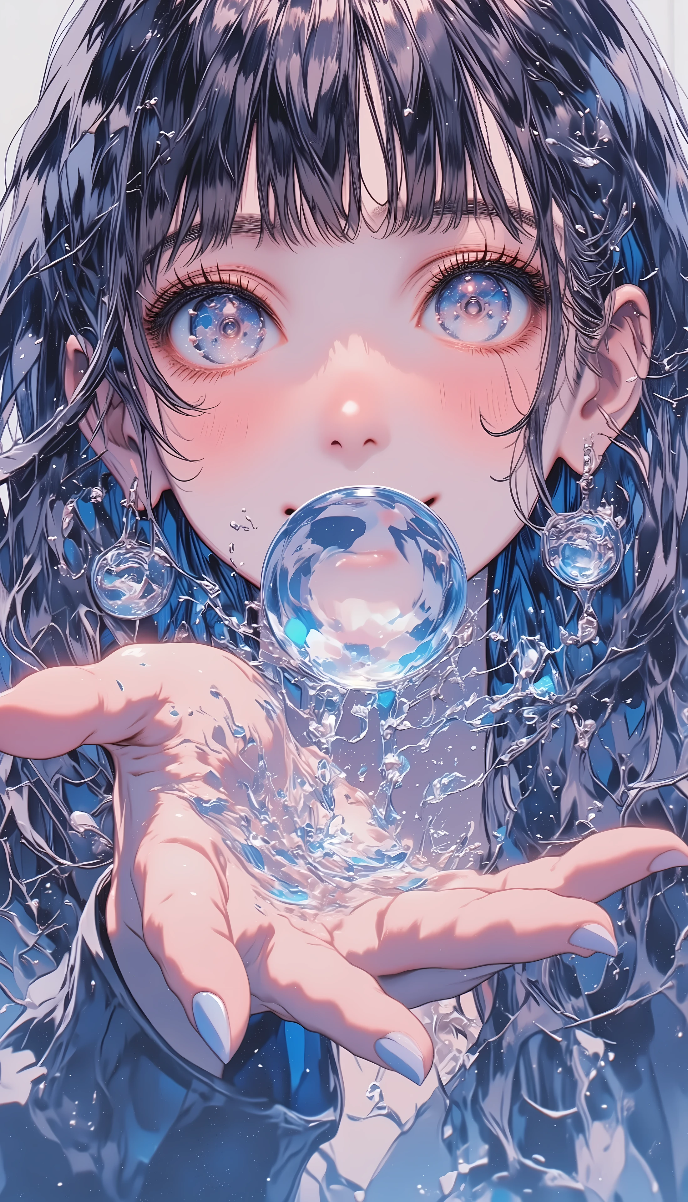 Water only comes out of the palm of the hand、a round mass of water larger than her face occurs and one girl looks at the viewer from the other side of the large round mass of water、the girl's face is vaguely visible in the water、Smile、Skin color、 beautiful hands、 pretty finger、fashionable clothes、((Accurate finger drawing without defects))、((accurate hand drawing without defects))、Portrait、Hand centered composition、best quality、details、no omissions