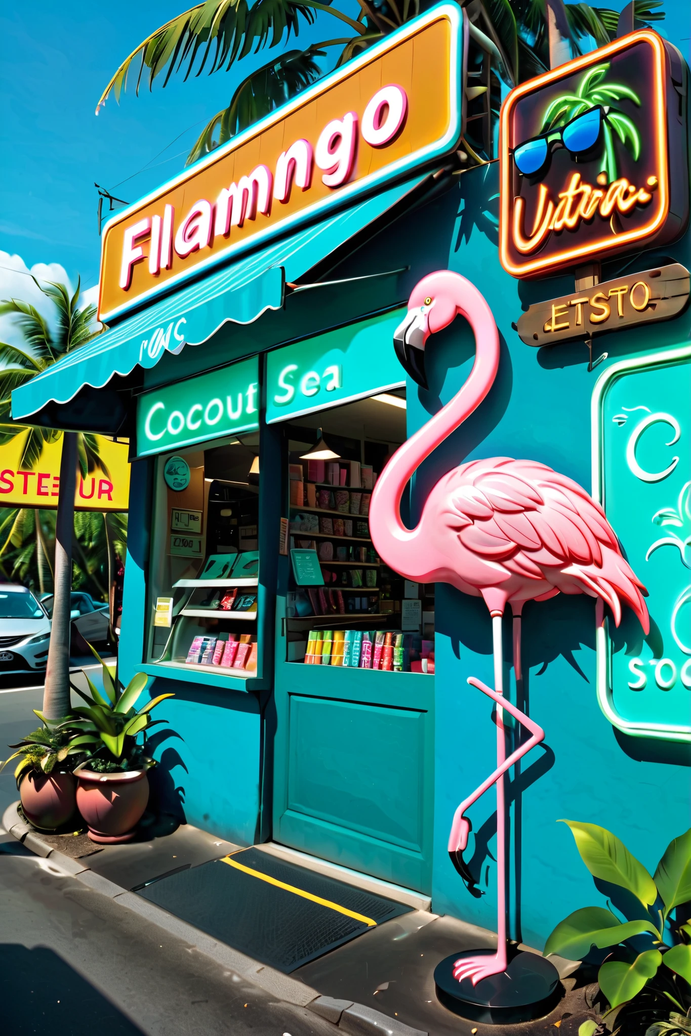 neon,Store sign,Tropical landscape ,coconut tree,sea,Cool Flamingo Wearing Sunglasses,发光的neonStore sign,Ultra high color,bright color