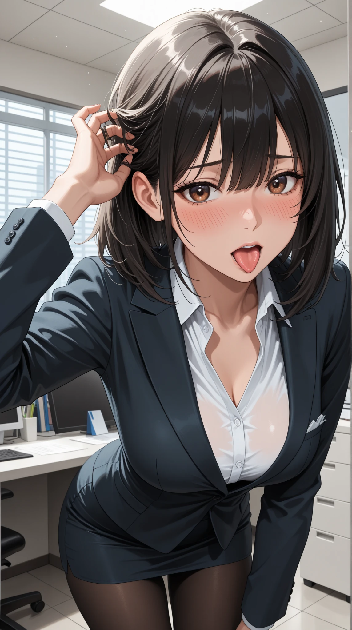 open arms for viewer 、BREAK half closed eyes BREAK、Shooting from above、Realistic, real person, (pale skin: 1.2), upper body, RAW photo, photorealistic, shiny skin, shiny hair、(A 35-year-old woman with medium-length hair and bangs) and (wavy hair) and (brown hair) and (Orange Eyes) ,(Wearing a business suit:1.5) and (Wearing a white collared shirt) 、(Cleavage:1.5)、(blush:1.5), smile, The background is the living room at night、illumination、Alone、Wearing a black jacket,open mouth,sofa
