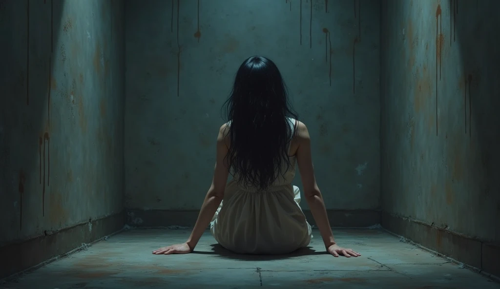 Scary girl with long hairs moves weird and jerky in a dog position keepe coming 