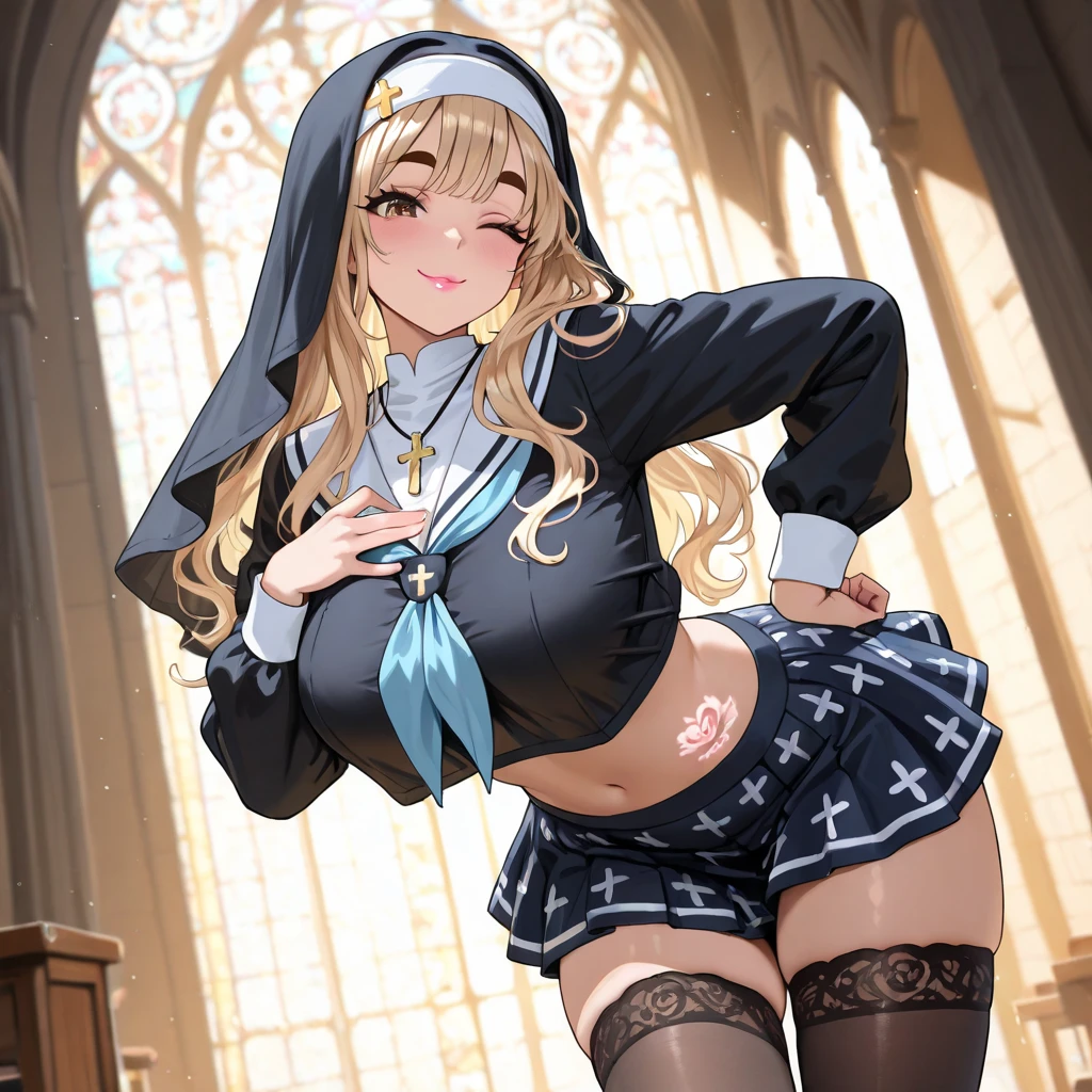 masterpiece, Highest quality, High Resolution, HS1,blush、smile,NSFW、church、Big Breasts、Stained glass、Tank top only