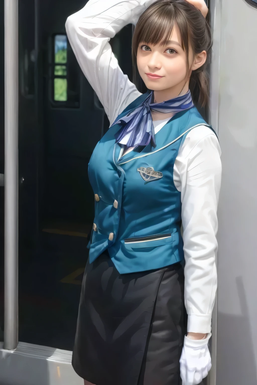 (masterpiece:1.2, Highest Quality :1.2), 32kHDR, Kampala, (alone、 1 girl on break day)、((10A woman in her late generation ))(what 、 professional light )、In-flight background、( realistic style wearing a Nankai Electric Railway crew uniform )、(( Nankai train crew uniform green vest ))、(( Nankai train crew uniform white long sleeve blouse without stand collar )) 、(( Nankai Electric Railway crew uniform knee-length black wrapped culotte skirt 、 I have a scarf wrapped around her neck ))、 Dark Brown Hair 、( long hair、 Hair tied up 、 Hair tied up )、 Dark Brown Hair 、 long hit 、Big Breasts 、thin legs、(( amazing hand :2.0)),(( A harmonious body shape :1.5)),((Normal肢体:2.0)),((Normal :2.0)),(( watch :2.0)),((Normal目:2.0)))、smile、( Nankai train crew uniformを着た美しい女性 )、 Hands crossed
