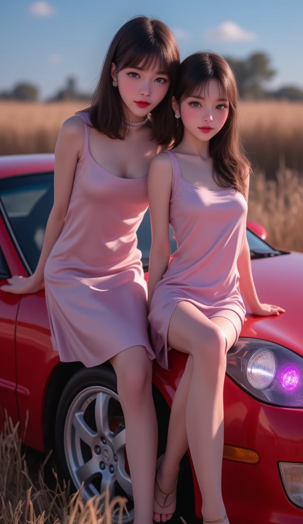 A beauty with long pink hair stood in front of a red Ferrari supercar, and a beauty with short burgundy hair beside her