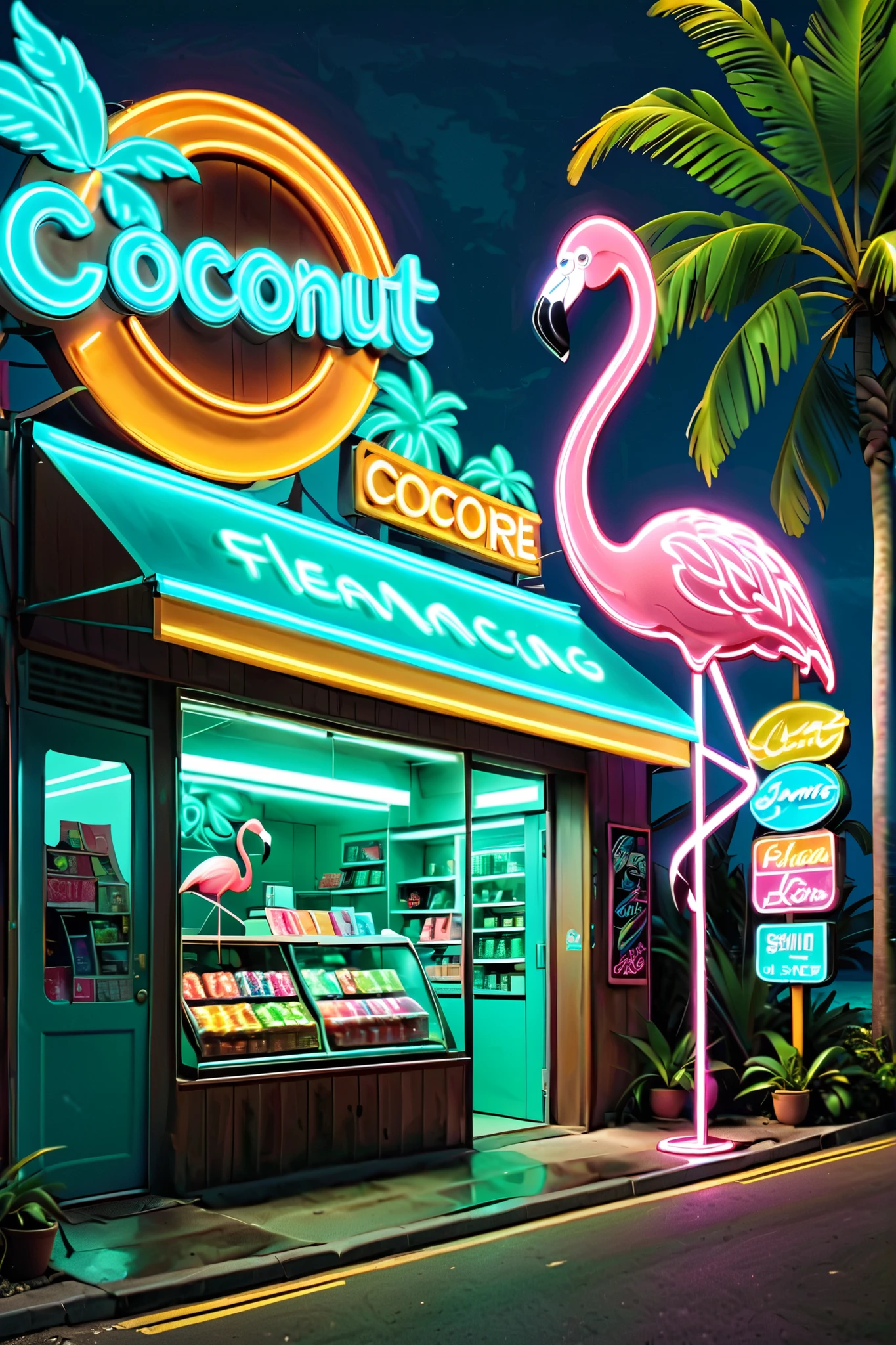 neon,Store sign,Tropical landscape ,coconut tree,sea,Cool Flamingo Wearing Sunglasses,发光的neonStore sign,Ultra high color,bright color